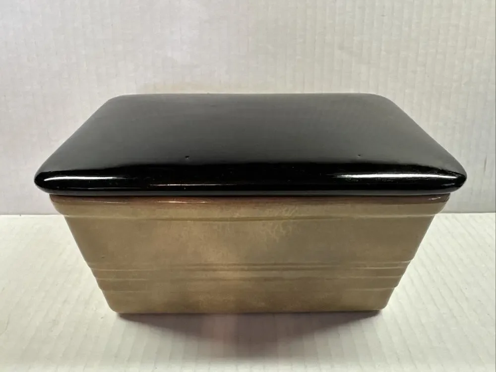 Antique Gem Clay Pottery Covered Dish trinket box black & tan neutral minimalist